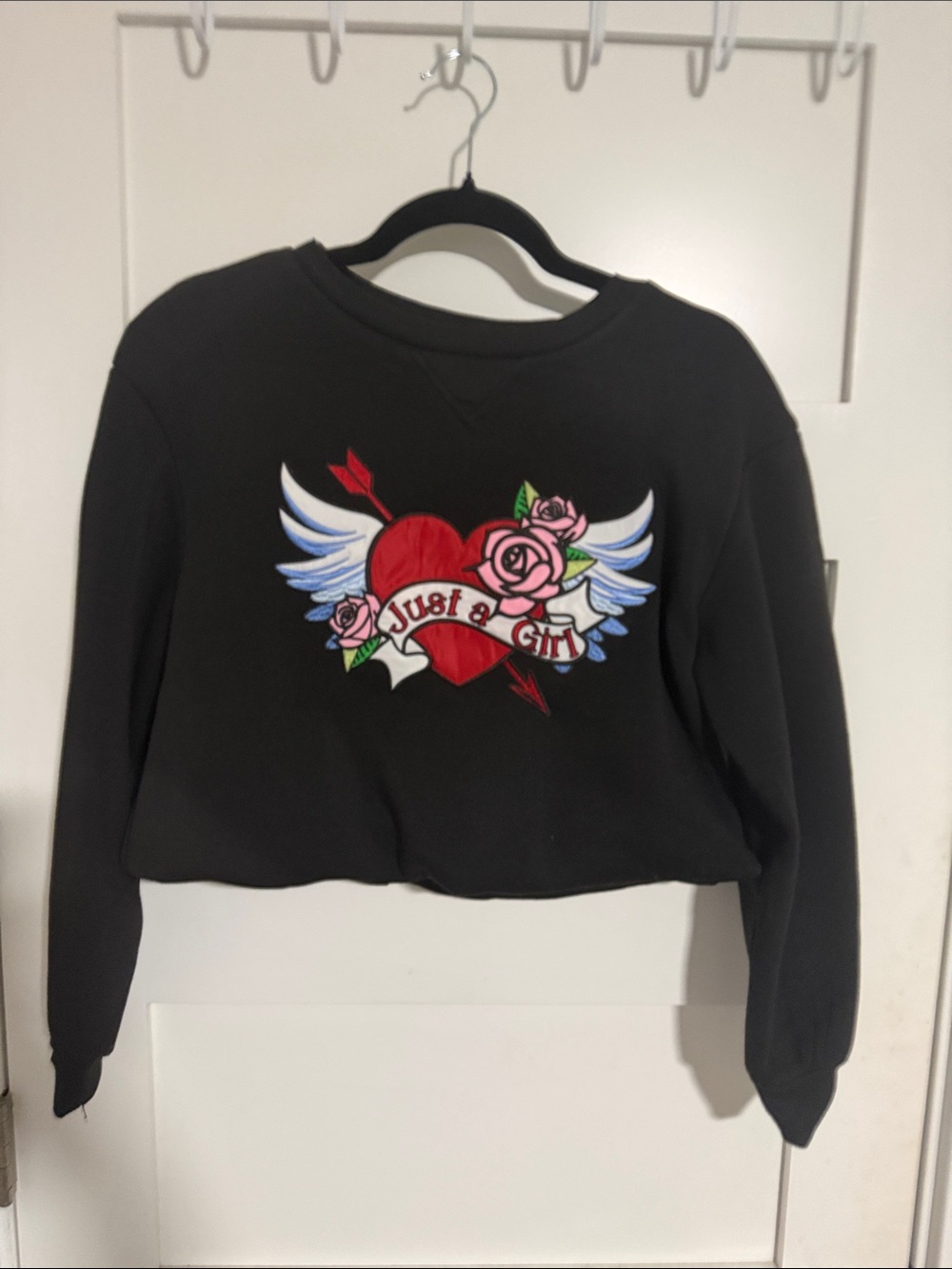 Just a Girl Black Cropped Sweatshirt with Heart & Rose Graphic